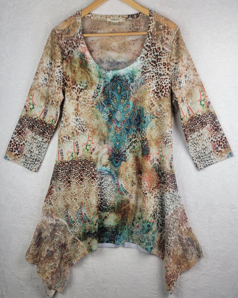 Bohemian Knit Top Women XL Asymmetric Hem Beige Colorful Print Western Casual